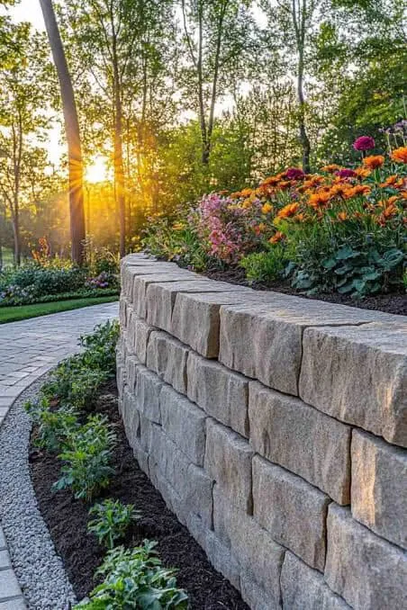 Planting bed full of hardy foliage plants and groundcovers running beside a paved garden edge