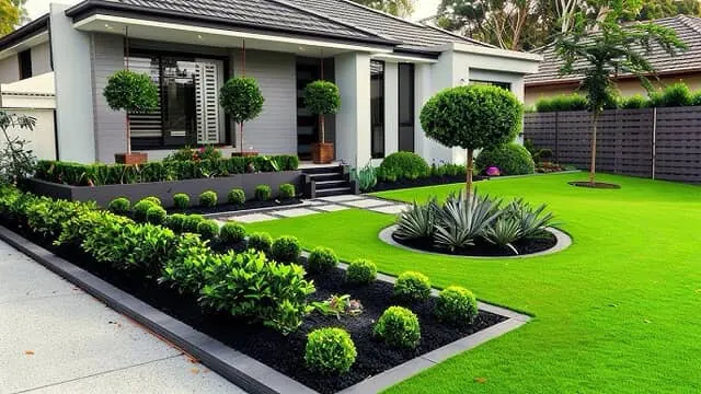 Established garden with layered shrubs over mulched beds and a paved area